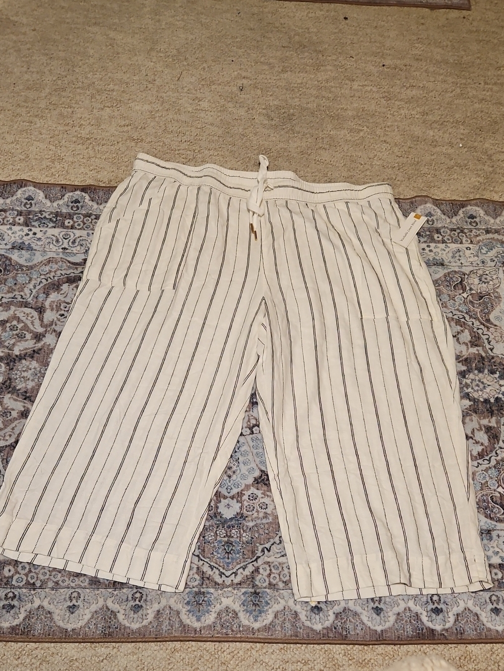 Striped White Linen Blend Cropped Drawstring Pants